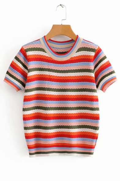 Colorful Striped Printed Round Neck Short Sleeve Knit Tee