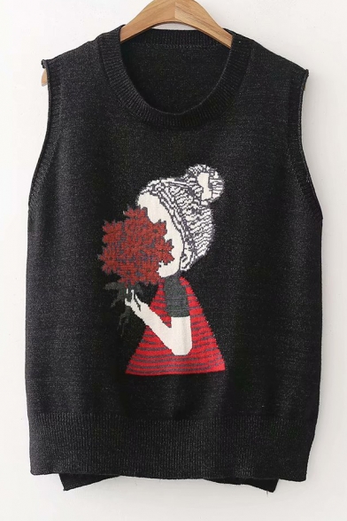 Cute Cartoon Girl Jacquard Round Neck Sleeveless Vest Sweater