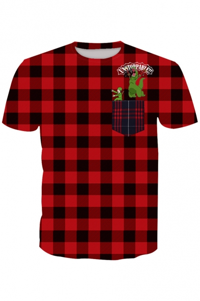 Dinosaur Character Letter Printed Round Neck Short Sleeve Plaid Tee