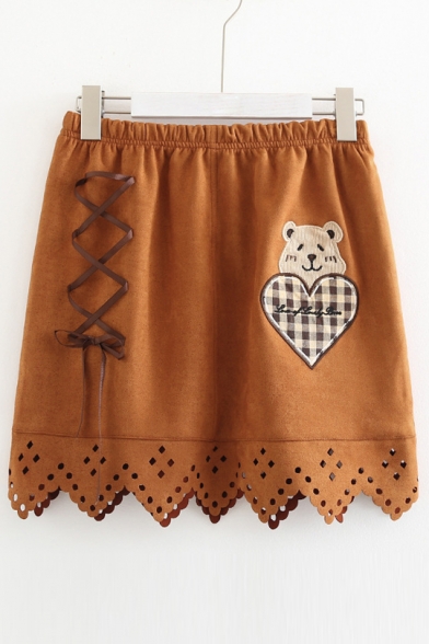Elastic Waist Bear Embroidered Hollow Out Hem Mini Suede Skirt