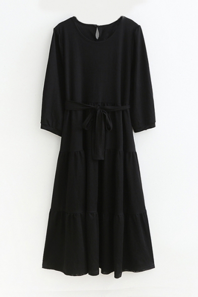 Fashionable Plain Round Neck 3/4 Length Sleeve A-Line Dress