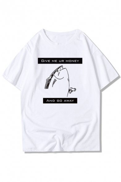 GIVE ME UR MONEY Letter Fish Printed Round Neck Short Sleeve Tee