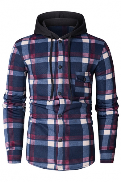 

Leisure Plaid Printed Contrast Hood Button Down Long Sleeve Hoodie, Blue;red;beige