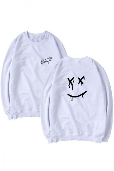 MISS YOU Letter Smile Face Printed Round Neck Long Sleeve Sweatshirt