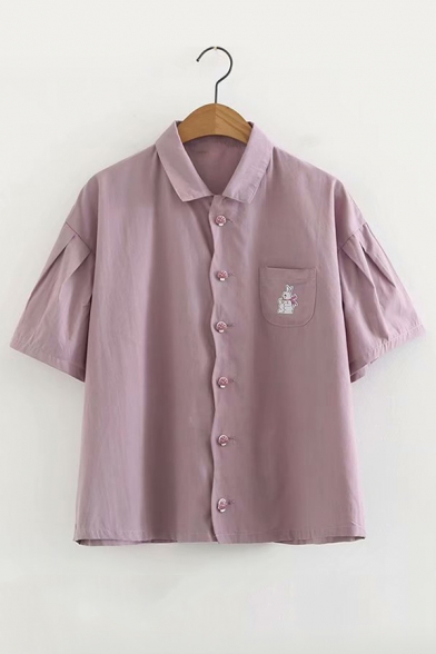 Rabbit Embroidered Pocket Button Down Lapel Collar Short Sleeve Shirt