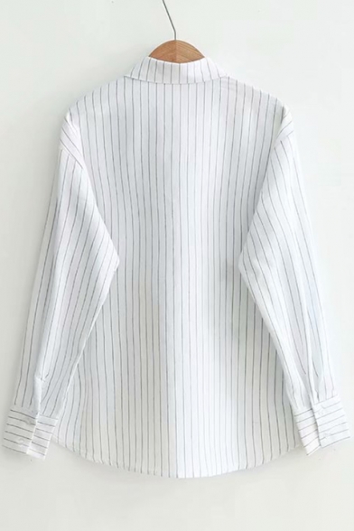 Rabbit Leaf Embroidered Striped Printed Lapel Collar Long Sleeve Button Down Shirt