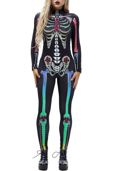 Skeleton Floral Printed High Neck long Sleeve Skinny Jumpsuit