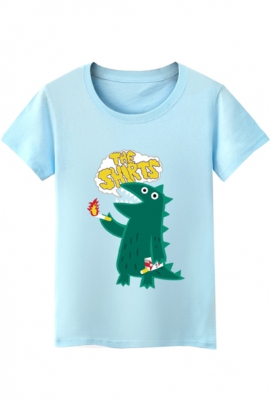 THE SHIRTS Letter Dinosaur Printed Round Neck Short Sleeve Tee