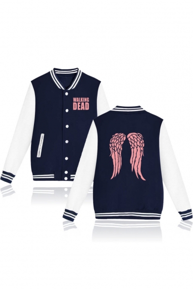 WALKING Letter Wing Printed Color Block Stand Up Collar Long Sleeve Button Down Baseball Jacket