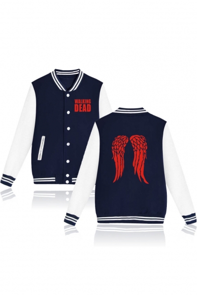WALKING Letter Wing Printed Color Block Stand Up Collar Long Sleeve Button Down Baseball Jacket