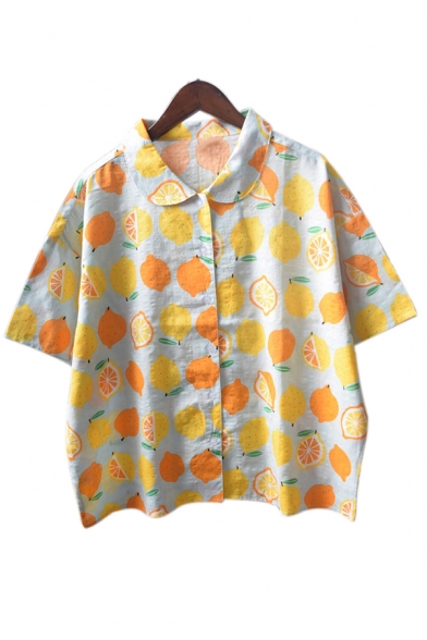 Allover Lemon Pattern Short Sleeve Button Down Shirt