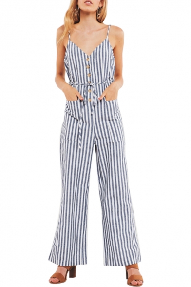 Button Embellished Spaghetti Straps Sleeveless Striped Printed Jumpsuit