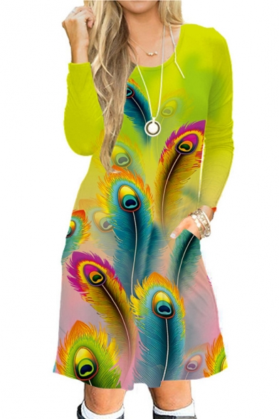 Digital Feather Printed Round Neck Long Sleeve Midi A-Line Dress
