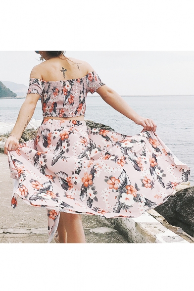 Elastic Floral Printed Off The Shoulder Crop Top with Split Front High Waist Maxi Asymmetric Skirt Co-ords