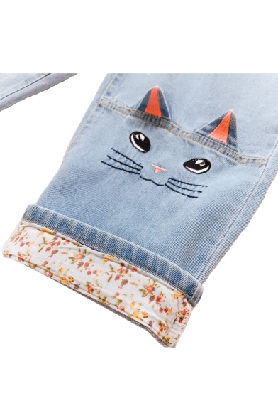 Elastic Waist Loose Cat Embroidered Roll Cuff Crop Jeans