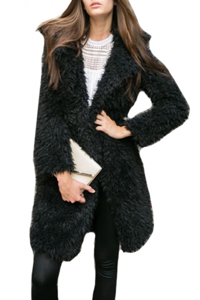Fake Fur Lapel Collar Long Sleeve Open Front Plain Tunic Coat