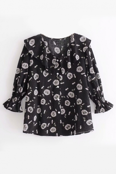Floral Printed Collared Ruffle Trim Sleeve Button Shirt