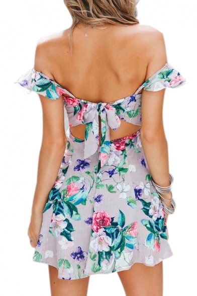 Floral Printed Off The Shoulder Short Sleeve Ruffle Detail Mini A-Line Dress