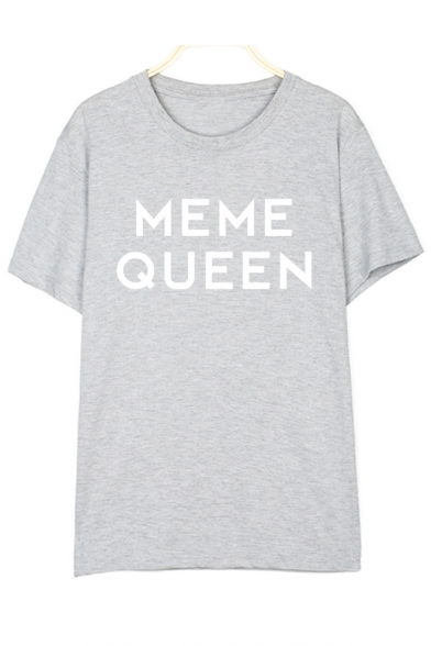 MEME QUEEN Letter Printed Round Neck Short Sleeve Tee
