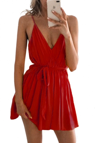 Plain Spaghetti Straps Sleeveless Sexy Mini Cami Dress