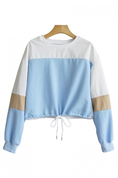 Round Neck Color Block Long Sleeve Drawstring Hem Crop Sweatshirt