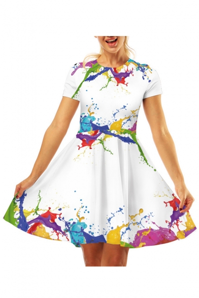 Round Neck Short Sleeve Splash Ink Printed Mini A-Line Dress