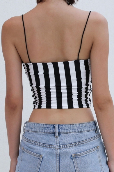 SEXY BUT STILL CUTE Letter Embroidered Striped Printed Spaghetti Straps Sleeveless Crop Cami