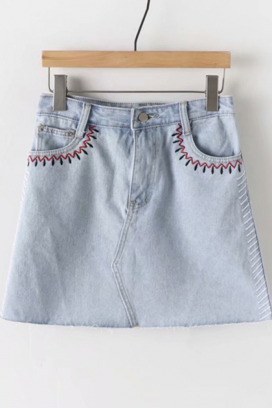 Simple Embroidered Zipper Fly Mini A-Line Denim Skirt