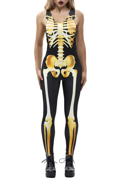 V Neck Sleeveless Skeleton Printed Skinny Jumpsuit