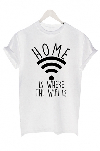 Wifi HOME Letter Printed Round Neck Short Sleeve Tee