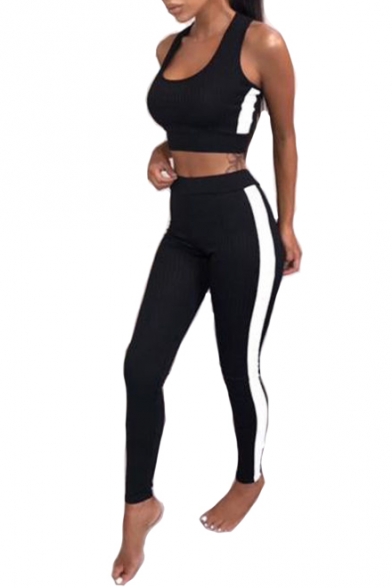 Chic Contrast Striped Round Neck Sleeveless Crop Tank with Skinny Leggings Sports Co-ords