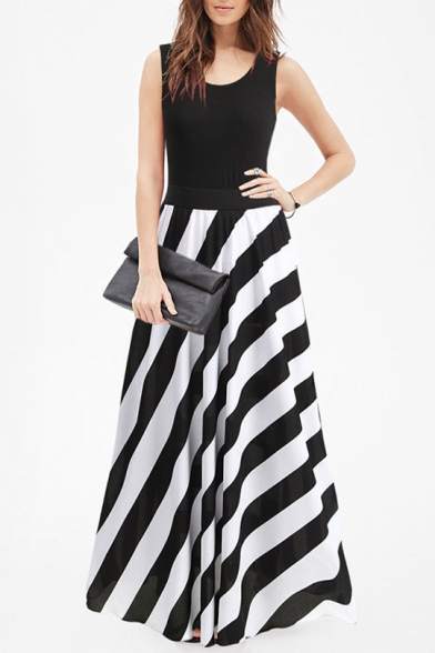 Color Block Round Neck Sleeveless Striped Printed Maxi A-Line Dress