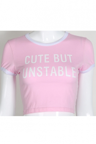 CUTE BUT UNSTABLE Letter Printed Round Neck Short Sleeve Crop Tee