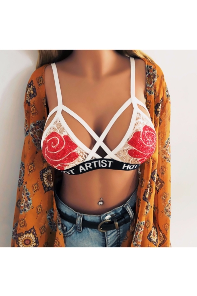 Diamante Floral Hollow Out Letter Printed Rib Trim Bralet