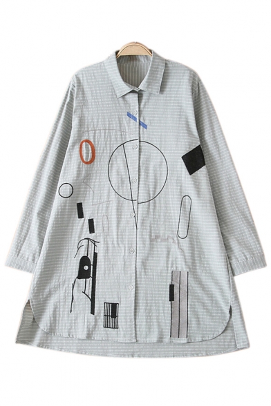 Fashion Striped Geometric Printed Long Sleeve Tunic Shirt