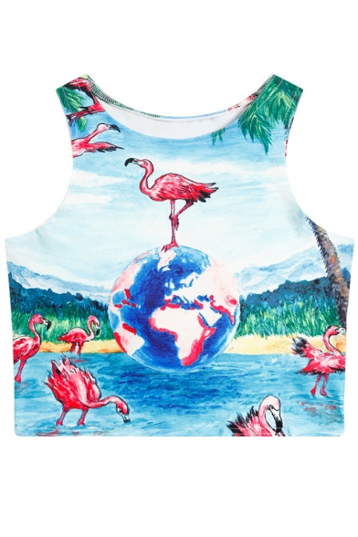 

Flamingo Earth Printed Round Neck Sleeveless Crop Tank