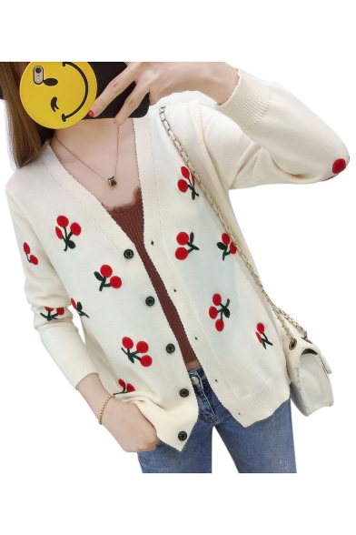 Floral Embroidered V Neck Long Sleeve Button Down Cardigan