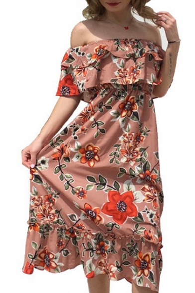 Floral Printed Off The Shoulder Short Sleeve Ruffle Hem Maxi A-Line Dress