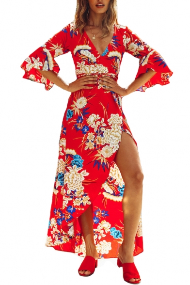 Holiday Floral Printed V Neck 3/4 Length Sleeve Split Front Maxi Asymmetric Dress