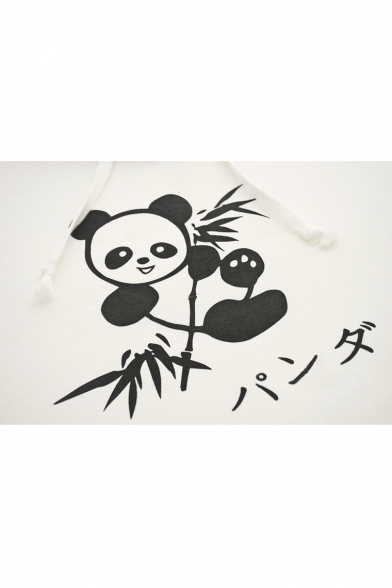Japanese Panda Printed Long Sleeve Hoodie with Striped Hood