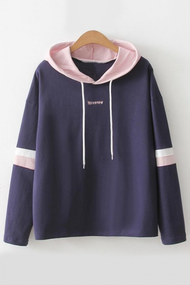 Leisure Letter Embroidered Color Block Long Sleeve Hoodie