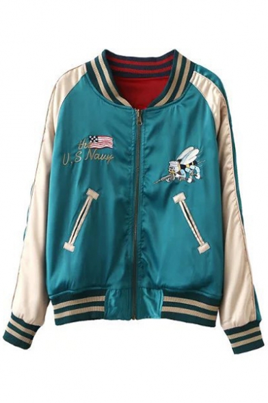 Letter Animal Embroidered Stand Up Collar Color Block Long Sleeve Zip Up Reversible Baseball Jacket
