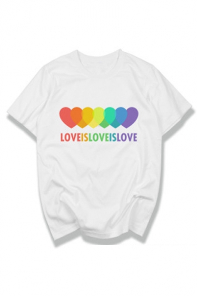 LOVE IS LOVE Letter Colorful Heart Printed Round Neck Short Sleeve Tee