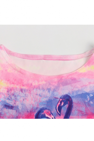 Painting Flamingo Printed Round Neck Sleeveless Crop Tank