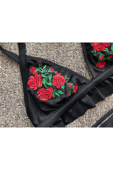 Rose Embroidered Spaghetti Straps Chic Bikini