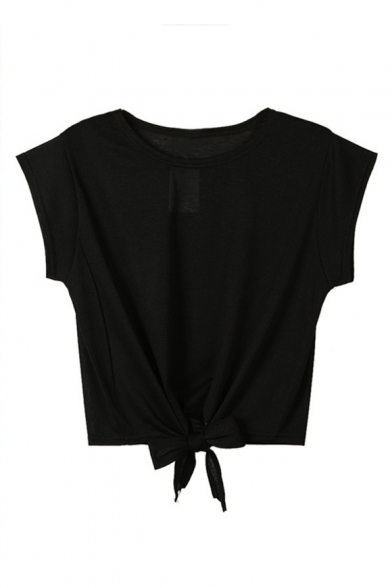Round Neck Knotted Front Short Sleeve Plain Crop Tee