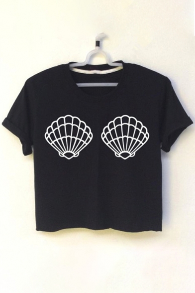 Shell Printed Round Neck Short Sleeve Crop Tee