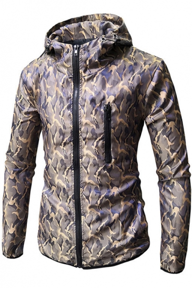 Trendy Camouflage Printed Slim Fit Zip Up Hooded Coat