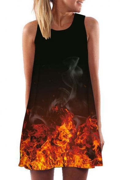 3D Fire Printed Round Neck Sleeveless Mini A-Line Dress
