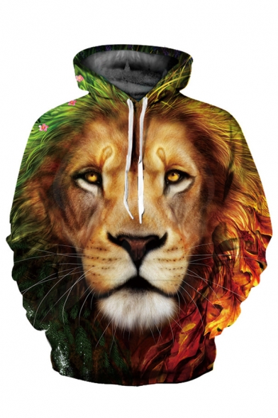 3D Lion Floral Printed Long Sleeve Loose Casual Hoodie